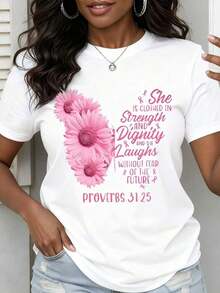Fashionable Women's T-Shirt With Pink Flowers And The Bible Verse Proverbs 31:25: She Is Clothed With Strength And Dignity And Laughs Without Fear Of The Future, Ideal For Casual Wear And Everyday Outfits. Casual Blouse For Women - 白色 - 查看 2