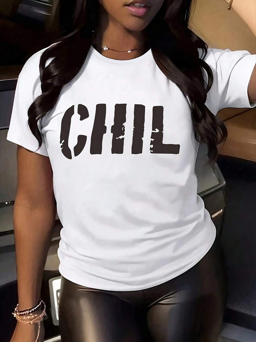 Women's Cotton T-Shirts With Round Neck, Casual Style, Plus Size, Loose Fit, Letter Print CHIL - Comfortable Casual Top In Light Gray, Soft And Breathable Fabric, Suitable For All Seasons, Machine Washable, Daily Use, Pullover Style With Medium Elasticity. - 白色 - 查看 1