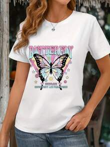 Women's Plus-Size Printed Short-Sleeve Crew Neck T-Shirt, Breathable And Perfect For Summer. This Casual, Butterfly-Print T-Shirt Is Ideal For Spring, Summer, And Fall. Suitable For Year-Round Wear, It's Simple, Makes A Great Gift, And Is Perfect For Everyday Wear, Especially During The Cool Summer Months. - 白色的 - 查看 4