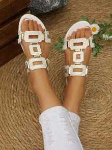 棕色厚底坡跟凉鞋，镂空搭扣绑带沙滩拖鞋，大码露趾 - 白色 - 查看 2