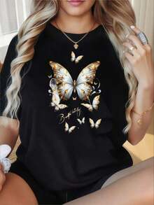 Camiseta de Mujer con Cuello Redondo y Mangas Cortas, Estampado Divertido de Mariposas, Camiseta de Moda Casual para Mujer con Diseño de Mariposas Doradas y Blancas, Ropa Elegante de Verano para Mujer, Adecuada para el Día de San Valentín, Fiestas de Navidad, Actividades Deportivas, Fiestas de Vacaciones, Salidas, Deportes y Otros Regalos Festivos. Puro Algodón - Negro - Ver 1