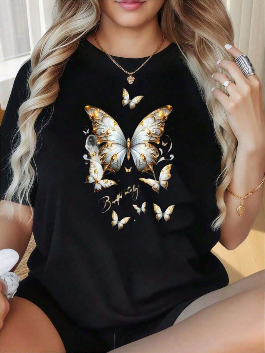 Camiseta de Mujer con Cuello Redondo y Mangas Cortas, Estampado Divertido de Mariposas, Camiseta de Moda Casual para Mujer con Diseño de Mariposas Doradas y Blancas, Ropa Elegante de Verano para Mujer, Adecuada para el Día de San Valentín, Fiestas de Navidad, Actividades Deportivas, Fiestas de Vacaciones, Salidas, Deportes y Otros Regalos Festivos. Puro Algodón - Negro - Ver 1