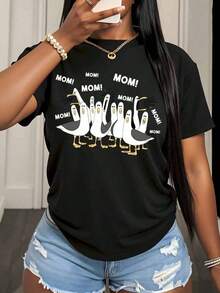 Funny T-Shirt For Mom With Ducks Saying "Mom", Nice Mother's Day Gift For Women, Casual Summer T-Shirt With Family Humor, 220g - 黑色 - 查看 2