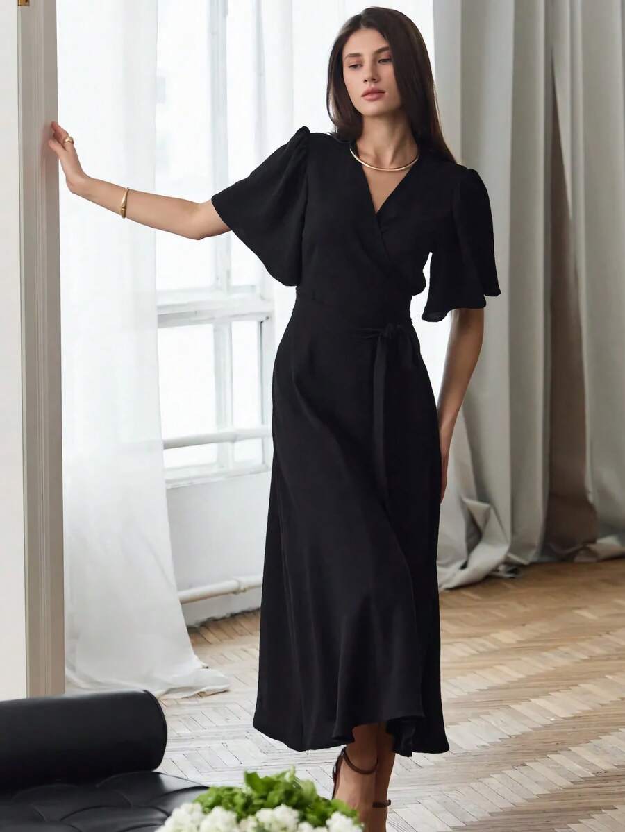 French Maxi Dress With V-Neck, Tie And Fitted Waist, Spring Summer 2026 - 黑色 - 查看 1