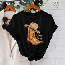 Women's Graphic Tee With Boots And Cowboy Hat - 100% Cotton, Short Sleeve, Crew Neck, 'Let's Go Girls' Print, Casual Loose Fit, Soft - 黑色 - 查看 7