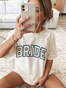 New 2026 Collection: Cotton T-Shirt For Bride, Minimalist T-Shirt For Bride, Wedding, Bachelorette Party, Aesthetic T-Shirt For Bride 3XL, Classic Thick Cotton Short Sleeve Graphic Print T-Shirt For Bachelorette Party, Casual Short Sleeve Top For Women, Short Sleeve Sports T-Shirt. - 杏色 - 查看 1