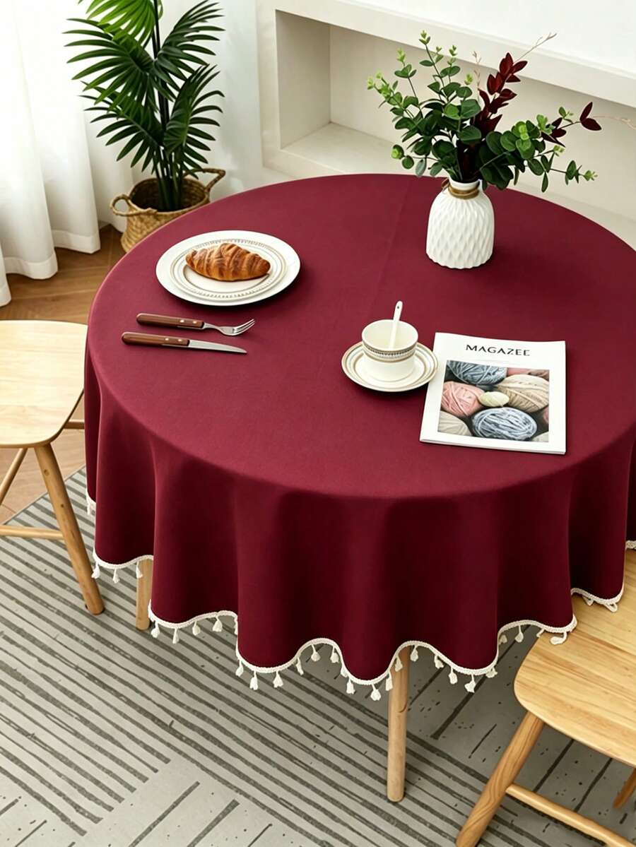 1pc Plain Round Polyester Tassel Tablecloth, Suitable For Wedding, Birthday Party, Outdoor, Study Room, Living Room And Dining Table Decor - Burgundy - View 1