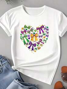 Women's T-Shirt With Heart And Bow Pattern, Gras Festival Outfit, New Arrivals, Women's Clothing, Gifts For Women - 白色 - 查看 4