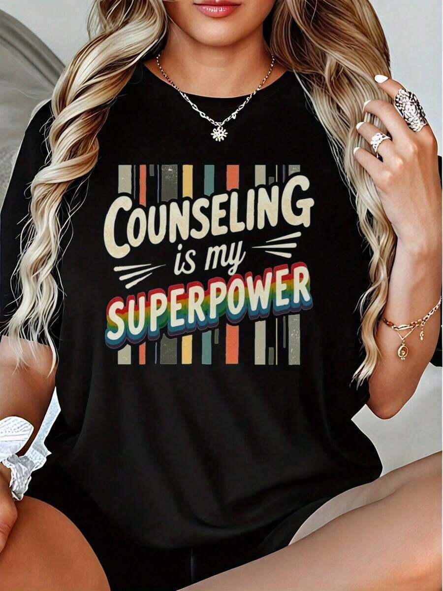 "Consulting Is My Superpower" T-Shirt - Black Short Sleeve T-Shirt With Rainbow Lettering And Consulting Book Cover Design (Cognitive Behavioral Therapy, CBT) - Professional Consultant Clothing Y2K Style Suitable For Therapists And Mental Health Professionals - 黑色 - 查看 1