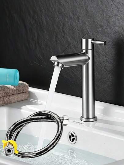 Grifo de baño de acero inoxidable de un solo orificio, grifo moderno de un solo mando y agua fría para fregadero, superficie cepillada, diseño clásico de agua fría, con manguera de suministro de agua fría de 80 cm, fácil instalación, montaje de un solo orificio, construcción de metal durable, cartucho de cerámica y acabado cepillado, adecuado para fregadero de cocina y tocador de baño, grifo moderno de cocina y baño del hogar, ideal para renovación del hogar y regalos festivos