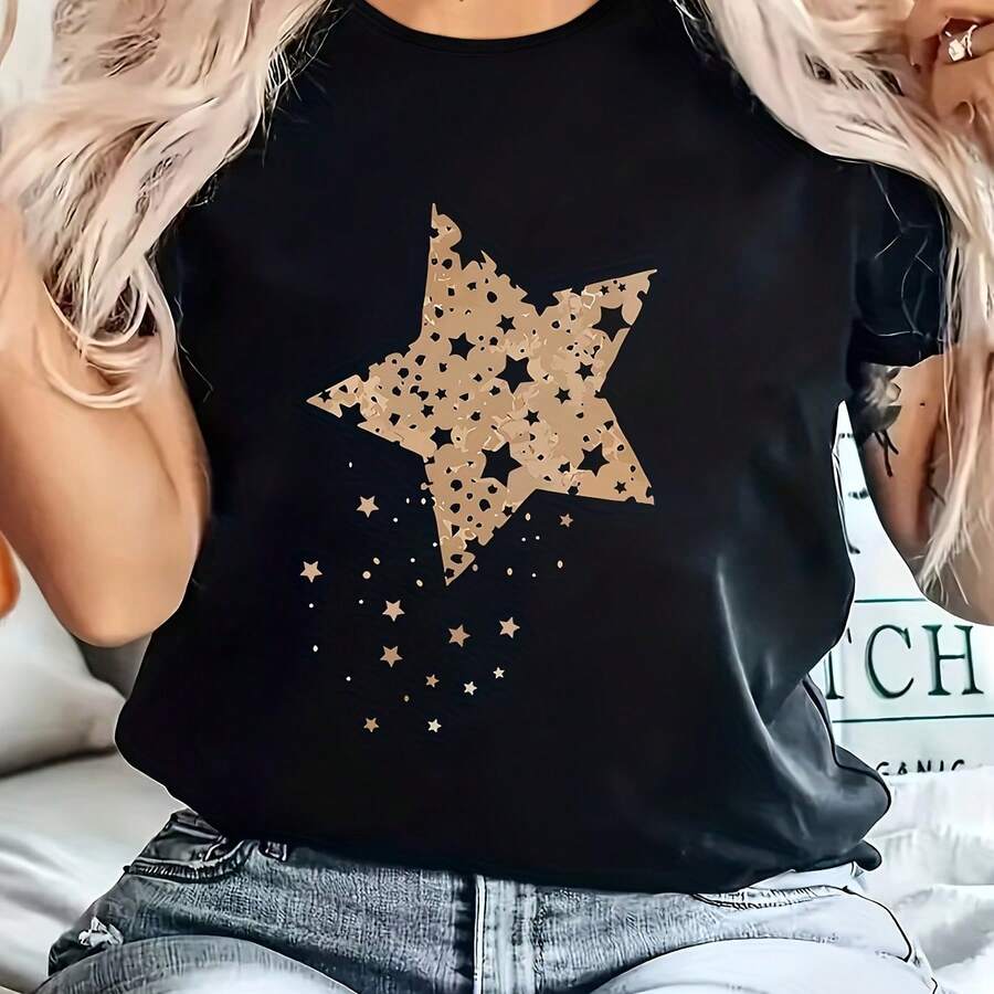 Plus Size Women's Casual Athletic T-Shirt, Y2K Style Star Print, Comfortable Fit Short Sleeve T-Shirt, Fashionable Breathable Casual Top - 黑 - 查看 1
