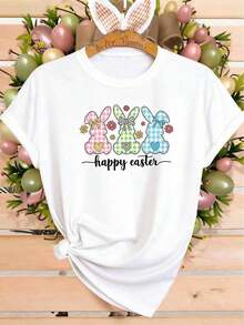 Women's White T-Shirt With Easter Bunny Design, Printed With Three Plaid Bunnies And A Heart-Shaped Bow Pattern - Short Sleeve, Round Neck, Casual Top For Spring/Summer, Machine Washable, Suitable For Easter Outfits, Casual Wear And Themed Events. - 白色 - 查看 1