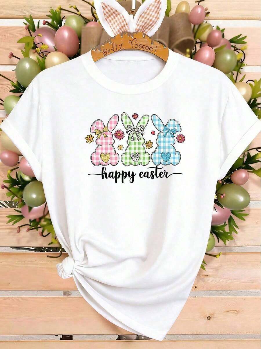 Women's White T-Shirt With Easter Bunny Design, Printed With Three Plaid Bunnies And A Heart-Shaped Bow Pattern - Short Sleeve, Round Neck, Casual Top For Spring/Summer, Machine Washable, Suitable For Easter Outfits, Casual Wear And Themed Events. - 白色 - 查看 1