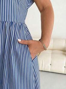 Vestido de Verano Casual a Rayas con Cuello Recortado y Manga Corta Talla Grande - Azul y blanco - Ver 5