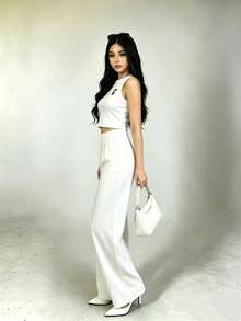 2-Piece Set Of Tank Top And Solid-Color Pants For Casual Holiday Wear - White - View 3