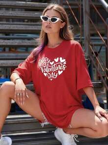NewSummerCasualWomen's Oversized Short Sleeve Crew Neck T-Shirt With Letter, Heart, And Slogan Print For Spring/Summer/Autumn/Winter - Vintage Street Style Unisex Loose Cotton Short Sleeve Crew Neck T-Shirt - 紅色的 - 查看 3