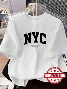| Exquisite Design | Loose And Comfortable | Easy To Match | TH395 New Women's T-Shirt, Design With The Letter "NYC", Casual And Fashionable Printed T-Shirt, 100% Cotton, Round Neck, Short Sleeves, Sweat-Absorbing And Breathable, Casual Loungewear, Comfortable, Stylish And Unique, Suitable For Spring, Summer And Autumn, Versatile Short-Sleeved Sports T-Shirt, Breathable And Sweat-Absorbing, Can Also Be Used As A Base Layer In Autumn And Winter. - 白色 - 查看 7