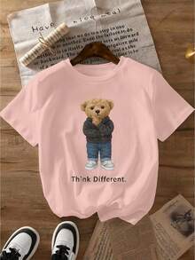 Women's Casual T-Shirt With Cartoon Bear Print - "THINK Different" Print, Soft And Stretchy, Round Neck And Short Sleeves, Ideal For The Gym And Outdoor Activities - Available In Multiple Colors And Sizes, Cute And  Printed T-Shirt, Stretchy Fabric, Fashionable Printed Top 180g 100% Cotton. - 黑色 - 查看 9