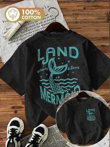 | Exquisite Design | Loose And Comfortable | Easy To Match | [Double-Sided Print] Women's Casual Spring And Summer T-Shirt, Vintage Style, Mermaid Tail Cut, Printed With The Words LAND MERMAID, Round Neck, Pure Cotton, Short Sleeve [Ling - 黑色 - 查看 1