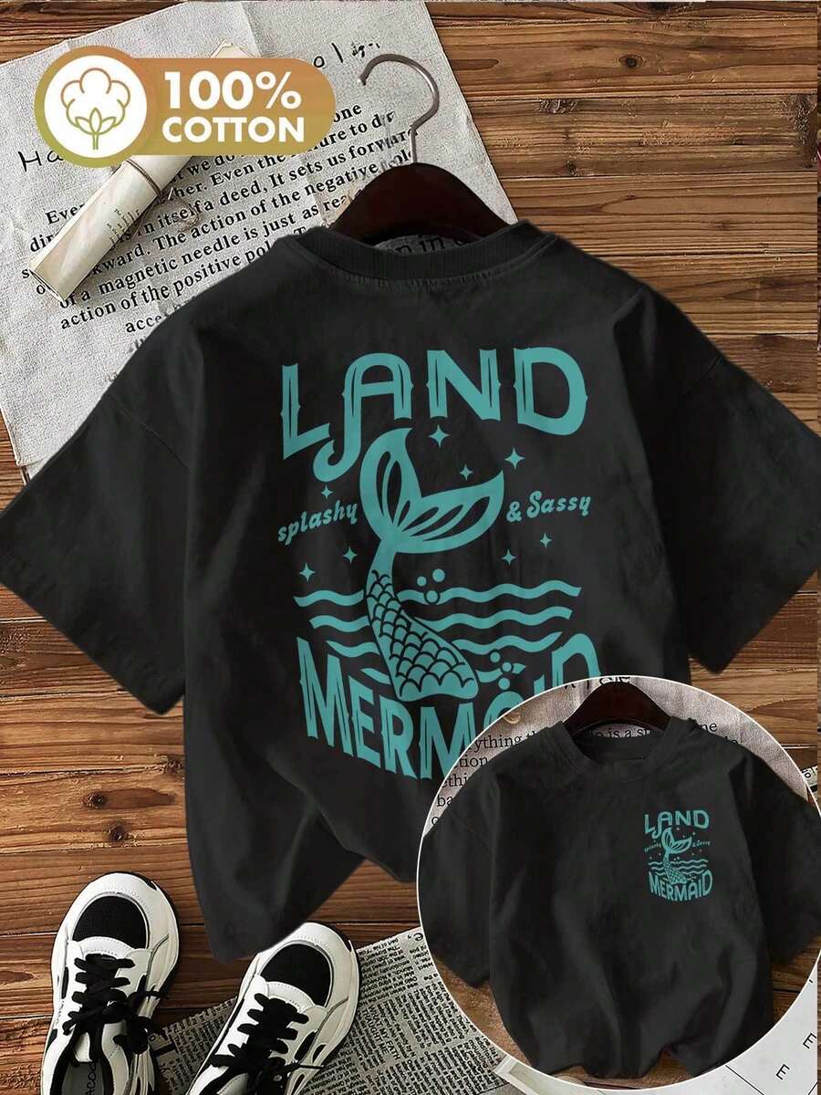 | Exquisite Design | Loose And Comfortable | Easy To Match | [Double-Sided Print] Women's Casual Spring And Summer T-Shirt, Vintage Style, Mermaid Tail Cut, Printed With The Words LAND MERMAID, Round Neck, Pure Cotton, Short Sleeve [Ling - 黑色 - 查看 1
