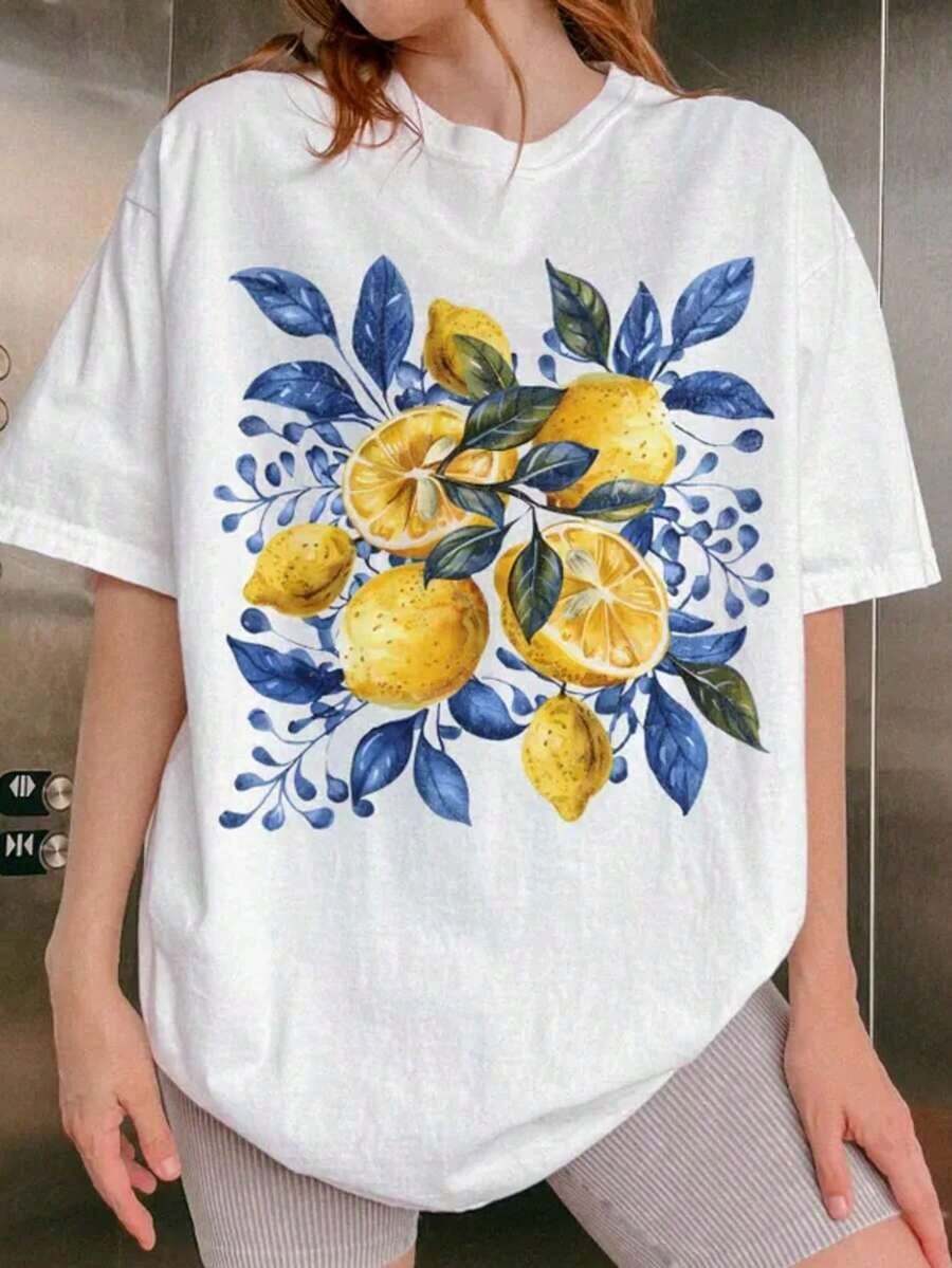 NewSummerCasualBlusa de mujer con estampado de limón, camiseta de estilo rural azul con plantas de cítricos, blusa natural de estilo campestre, blusa estética de verano, camiseta con estampado de frutas vintage-Vintage Street Style Unisex Loose Cotton Short Sleeve Crew Neck T-Shirt - Blanco - Ver 1