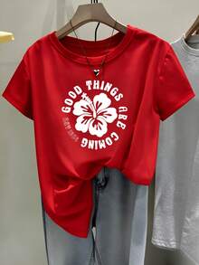 ImpieAndVersatileDesign 1 Piece. Good Things Are Coming Soon. Women's 100% Cotton Hawaiian Floral Print T-Shirt. Casual Everyday Style. Soft. Classic Style. Unisex. Bestseller. Holiday Gift. Cotton T-Shirt. - 紅色 - 查看 1