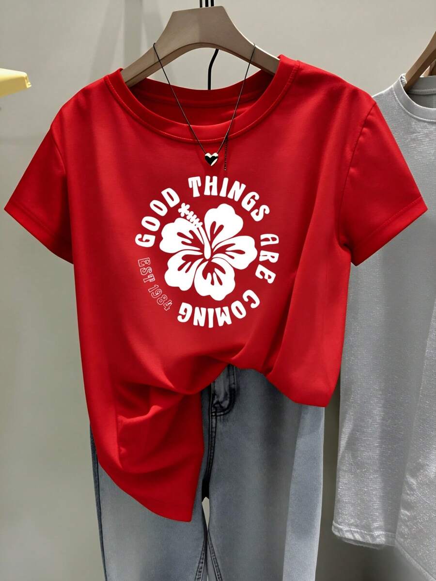 ImpieAndVersatileDesign 1 Piece. Good Things Are Coming Soon. Women's 100% Cotton Hawaiian Floral Print T-Shirt. Casual Everyday Style. Soft. Classic Style. Unisex. Bestseller. Holiday Gift. Cotton T-Shirt. - 紅色 - 查看 1
