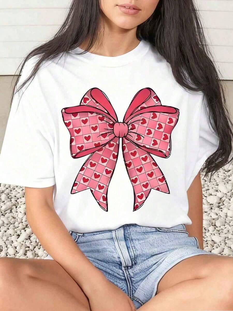Women's T-Shirt With Bow And Hearts, Valentine's Day Design, Casual, Round Neck, Short Sleeve, Soft And Comfortable, 220g - 白色 - 查看 1