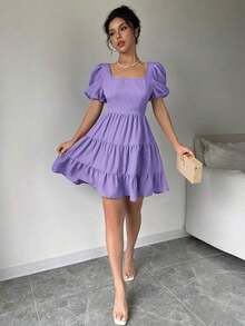 Vestido de verano, primavera y playa, elegante y romántico, para conciertos, estilo bohemio con mangas abultadas, espalda descubierta, lazo, para vacaciones, tiempo libre y viajes, con volantes en el bajo, color caqui, nuevo modelo 2025 - Morado - Ver 6