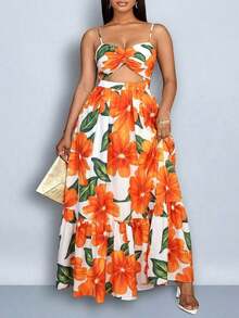 Vestido maxi elegante y casual para mujer de talla grande con estampado floral romántico, sin mangas, con cintura ceñida y nudo, tirantes de espagueti, para vacaciones en la playa, primavera y verano, para el verano en Hawái, vestidos de verano p - Naranja - Ver 4