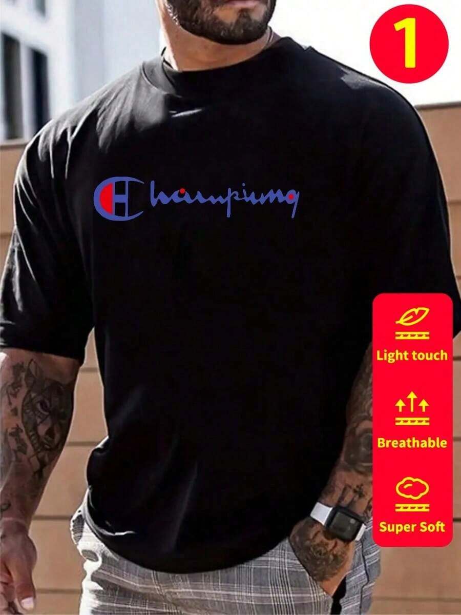 Camiseta de manga corta para hombre camiseta estampada, cómoda y versátil. Se puede usar solo o como ropa interior. Diseño de cuello redondo holgado, perfecto para la oficina, la escuela, salidas de fin de semana o viajes. Fácil de combinar en el día a dí - Negro 3 - Ver 1