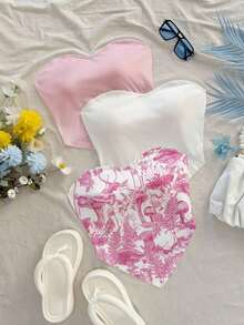 3 Piezas Camiseta corta casual con estampado de mariposa y diseño, bajo asimétrico, apta para vacaciones, playa, verano - Multicolor - Ver 7