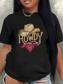 Polyester Short-Sleeved T-Shirt, Decorated With A Cowboy Hat And Bandana Pattern With The Inscription "Howdy", Lightweight And Durable, Suitable For Casual Wear At Home, In Restaurants Or Outdoors, Comfortable And Fitted For Everyday Wear, New Cool Summer Clothes For Women. - 黑色 - 查看 5
