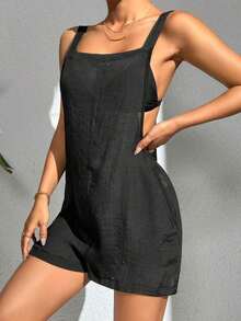 Enterizo de playa para vacaciones con tirantes espagueti y unicolor - Negro - Ver 3