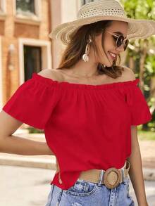 Blusa de hombros descubiertos ribete fruncido - Rojo - Ver 5