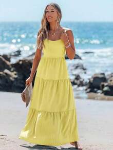 Vestido casual sin mangas con lazo para primavera y verano, atuendos de verano para mujer, vestidos de verano para mujer, atuendos de vacaciones, vestido de playa de verano para mujer, vestido de vacaciones estilo boho y fairycore, vestido sin esp - amarillo ganso - Ver 2