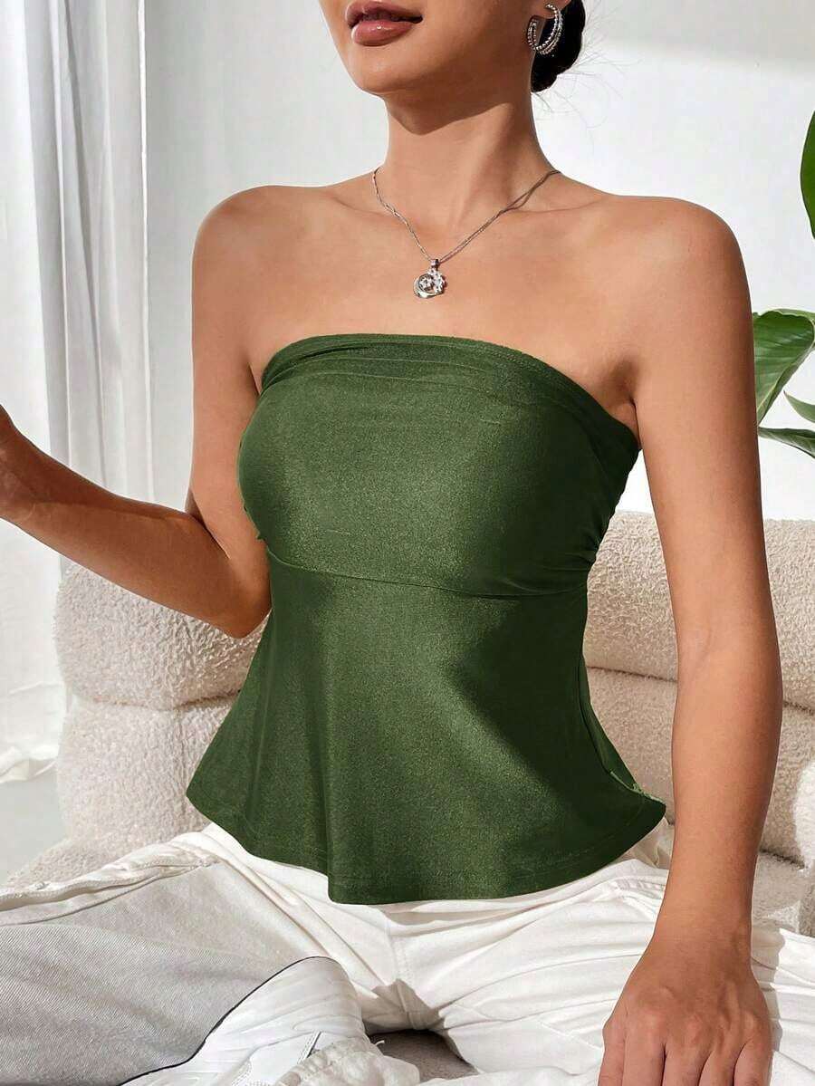 Top bandeau plisado de unicolor para vacaciones de mujer - Verde Oliva - Ver 1