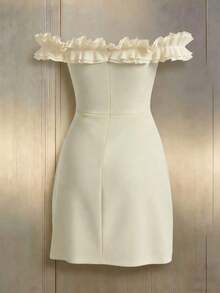 Vestido romántico con hombros descubiertos y volantes en la cintura para mujeres - Albaricoque - Ver 4
