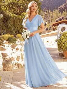 Vestido de dama de honor con cuello en V elegante, mangas con volantes y mariposa, color verde salvia, vestido de invitada de boda, vestido de primavera semi-formal para boda, fiesta de cumpleaños, graduación, Día de San Valentín - Celeste - Ver 3