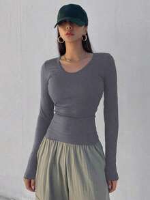Camiseta de manga larga y cuello redondo de ajuste ceñido para mujer, versátil y casual, ropa de otoño - Gris - Ver 5