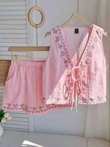 Conjunto de 2 piezas de estilo bohemio y veraniego con estampado floral blanco tejido - Rosa Pálido - Ver 1