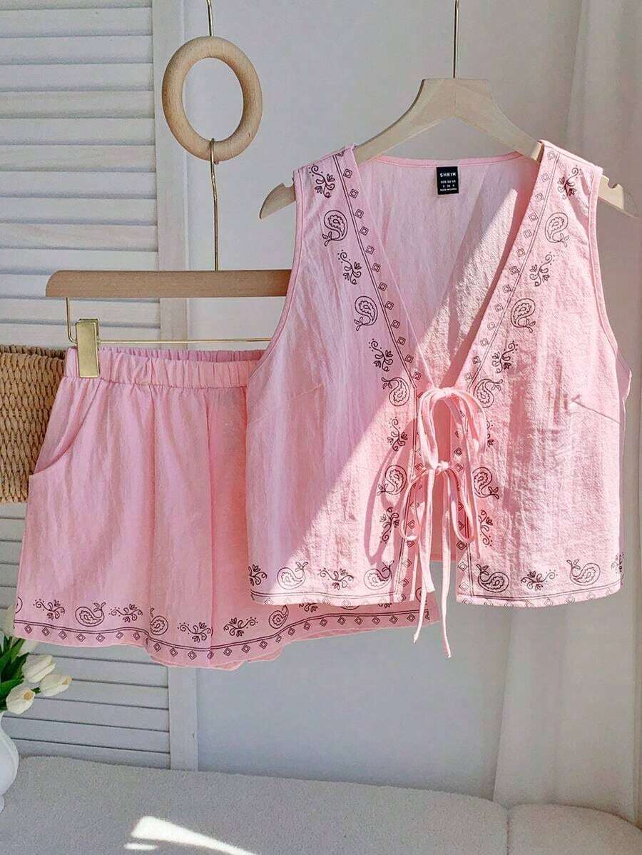 Conjunto de 2 piezas de estilo bohemio y veraniego con estampado floral blanco tejido - Rosa Pálido - Ver 1