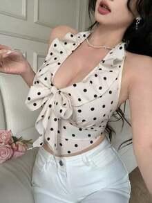 Elegante camiseta de tirantes con cuello halter, volantes y lunares estilo francés - Multicolor - Ver 5