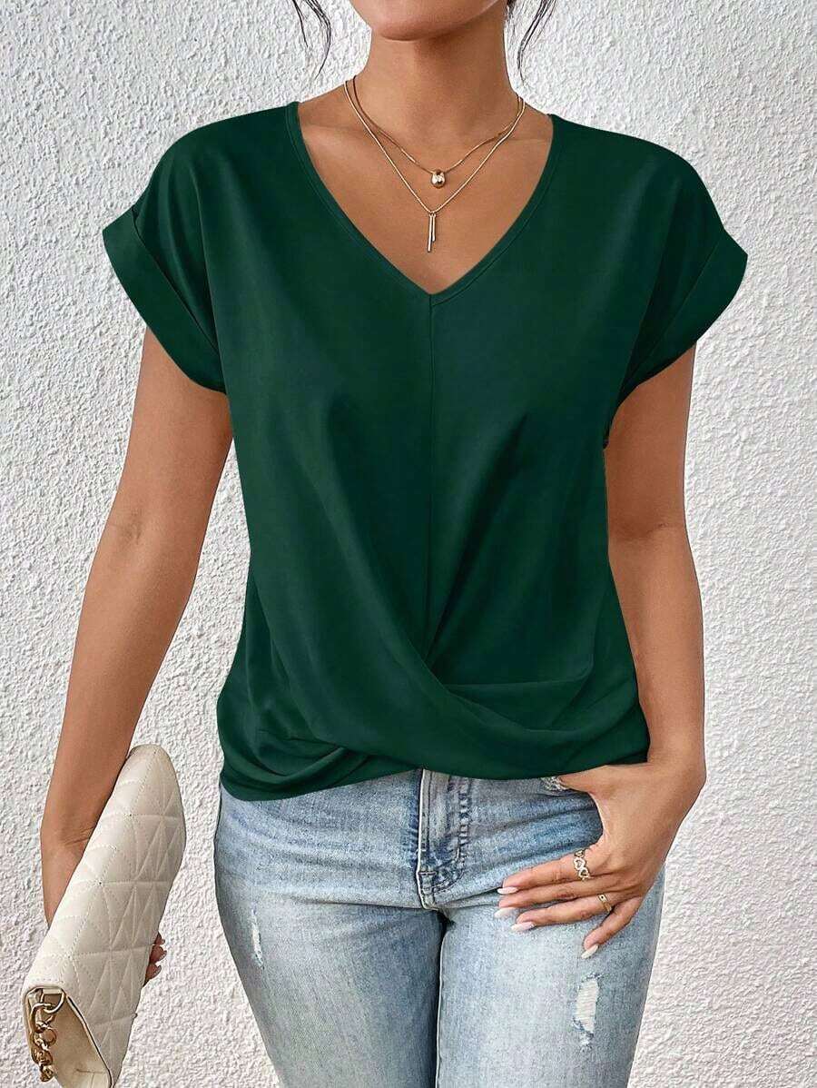 Frenchy Blusa Solida Con Mangas De Plumaje Y Tuerza En La Manga, Ideal Para La Primavera - Verde militar - Ver 1