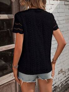Camiseta con bordado con ojal ribete en abanico - Negro - Ver 2