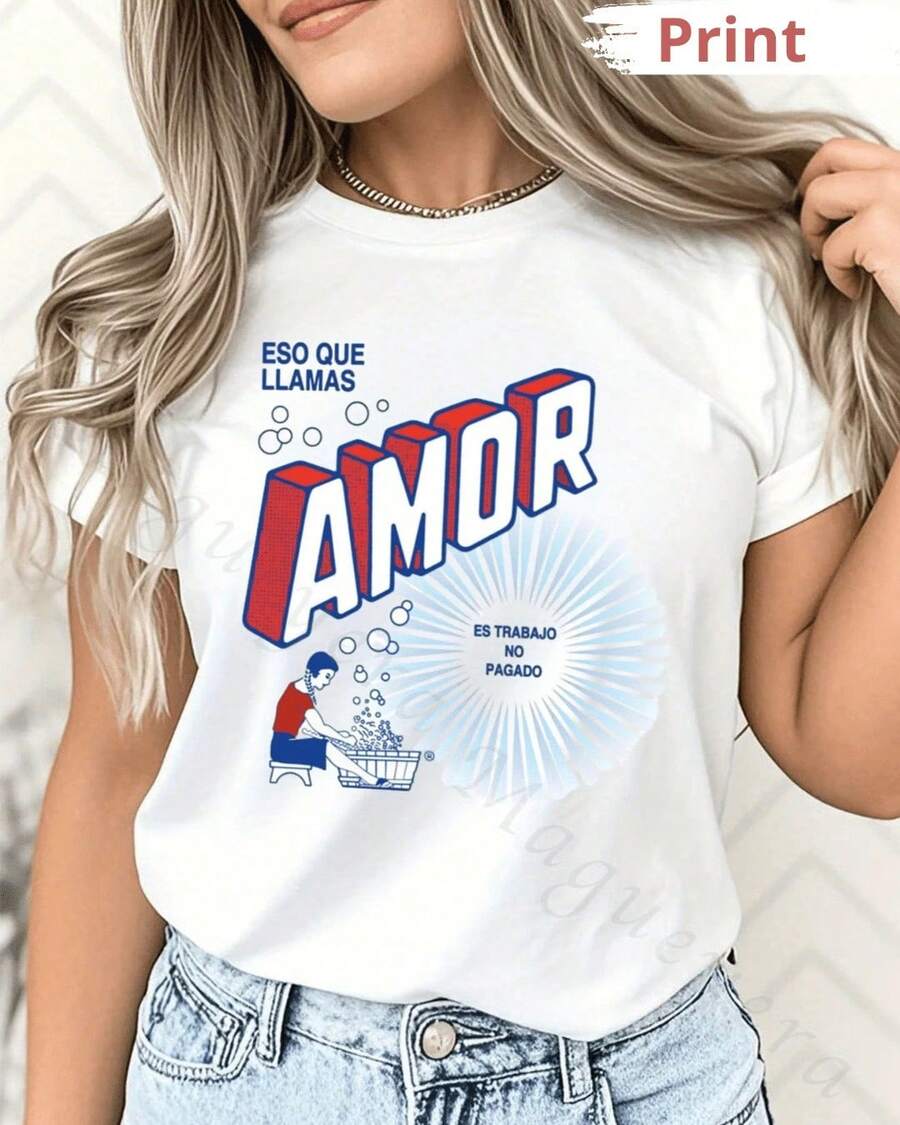 Camiseta casual con estampado, 'Eso que llamadas amor es trabajo no pagado' referencia Roma, para mujer manga corta cuello redondo, playera de poliéster, blusas gráficas para mujerPure-Cotton - Blanco - Ver 1