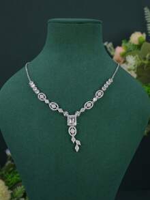 Bộ trang sức cưới 5 món mạ vàng trắng sang trọng kiểu hoàng gia, thiết kế hình học, đính đá Cubic Zirconia trắng thủ công, bao gồm dây chuyền, vòng tay, bông tai và nhẫn, thích hợp đeo hàng ngày và làm quà tặng cưới, kỷ niệm ngày cưới. - Bộ hình học - Xem 5