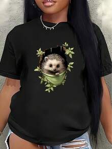 Camiseta de manga corta, ligera y duradera, con un bonito diseño de bolsillo con forma de erizo, es perfecta para usar en casa, en la oficina o al aire libre, ofreciendo una experiencia de uso diario cómoda.women's shirts - Negro - Ver 1