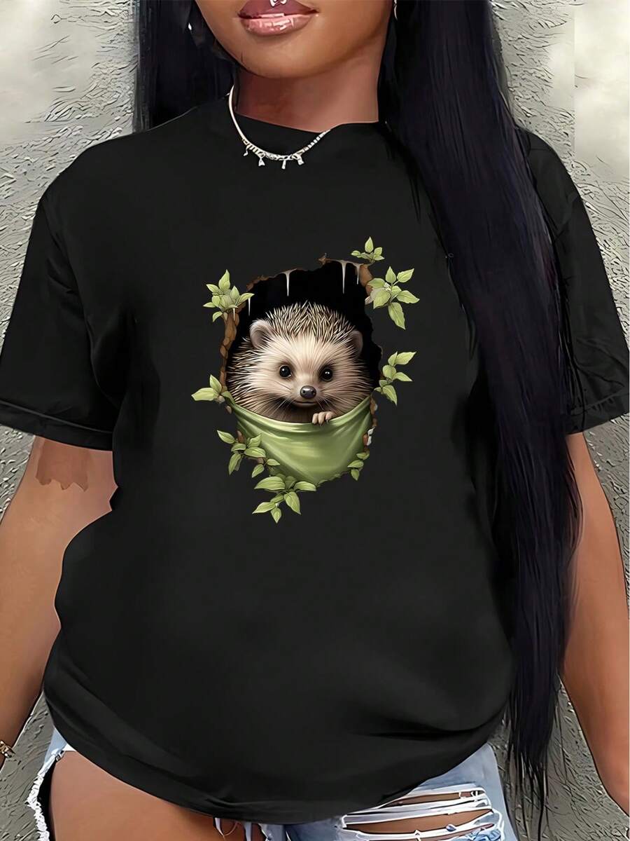 Camiseta de manga corta, ligera y duradera, con un bonito diseño de bolsillo con forma de erizo, es perfecta para usar en casa, en la oficina o al aire libre, ofreciendo una experiencia de uso diario cómoda.women's shirts - Negro - Ver 1