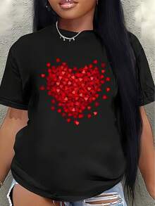 Short-Sleeved T-Shirt With Red Heart Print, Lightweight And Durable, Perfect For Casual Wear, Suitable For Home, Restaurants Or Outdoor Activities, Comfortable Fit, Ideal For Everyday Wear. - 黑色 - 查看 1